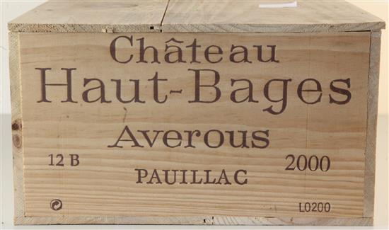 A case of twelve bottles of Chateau Haut-Bages Averous, Pauillac, 2000.